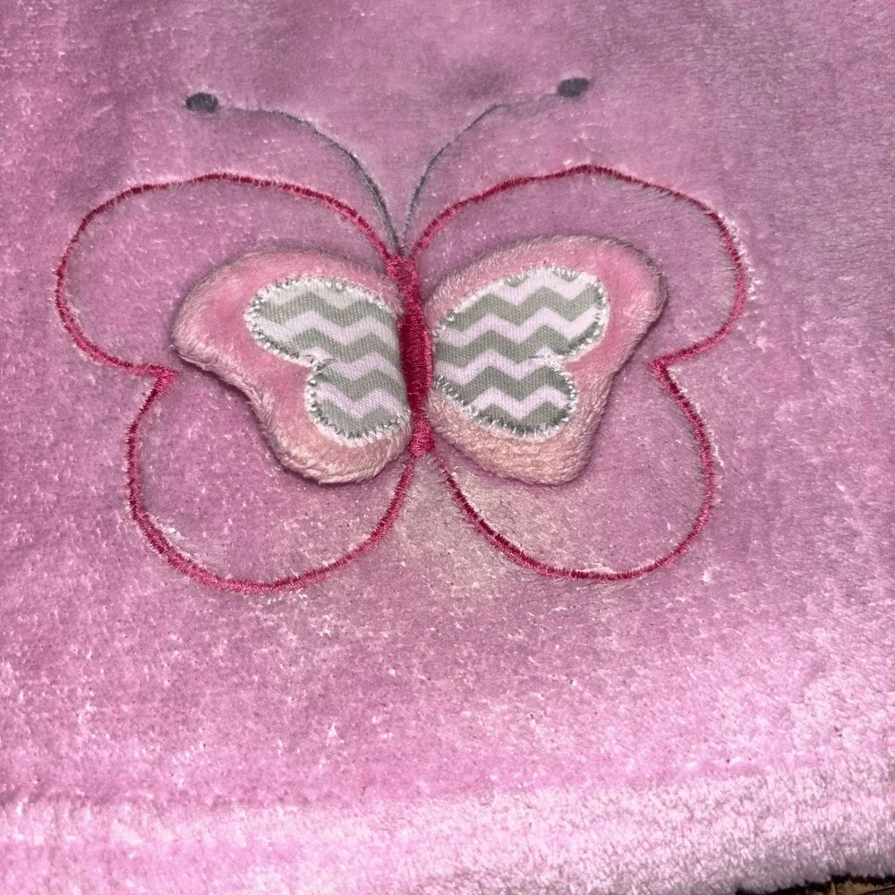 RN 67227 Pink Butterfly Baby Blanket Gray White Chevron Wings Plush Soft Lovey‎